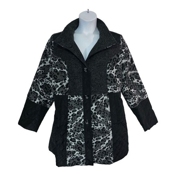 Midnight Velvet Quilted Mixed Media Gray Black Leopard Thigh Length Jacket - Picture 5 of 15
